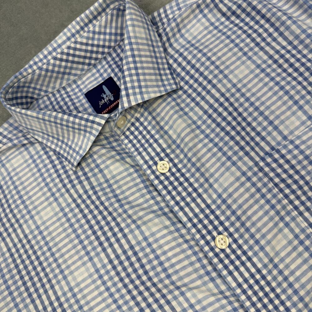 Johnnie-O Prep-Formance Shirt Mens Large Blue Check Lure Stretch Long Sleeve
